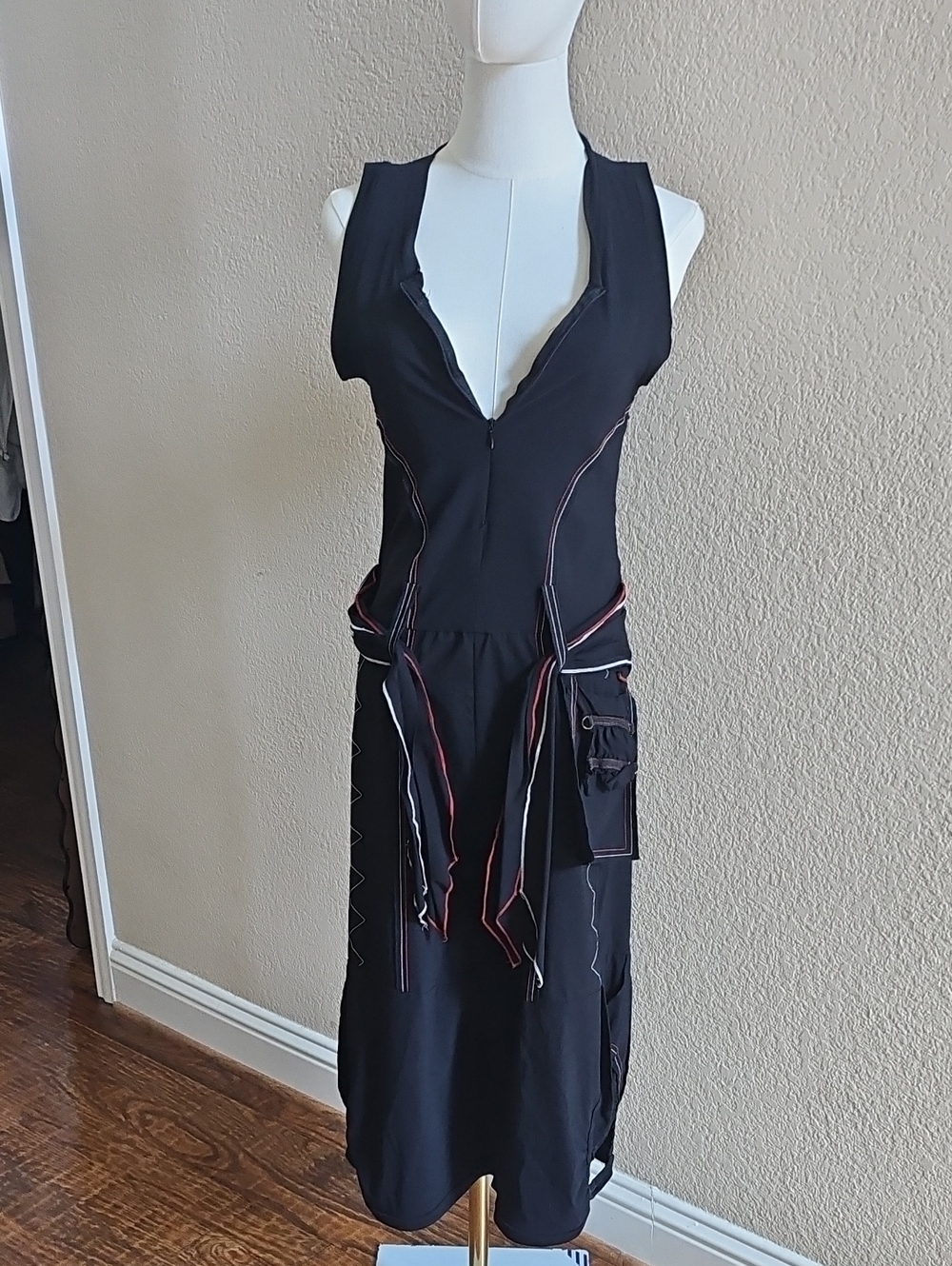 Cop.Copine Black Midi Dress with Red and White Stitching